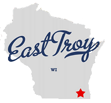 Wisconsin state shape with East Troy location indicated with a star